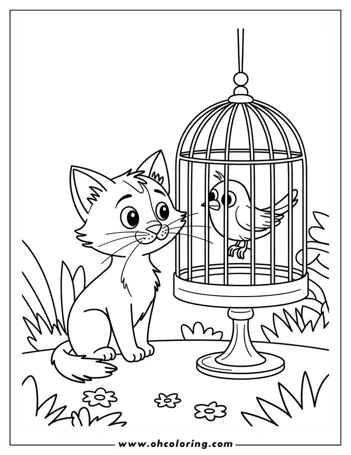 A cat looking at a small bird inside a birdcage, line art illustration for coloring.