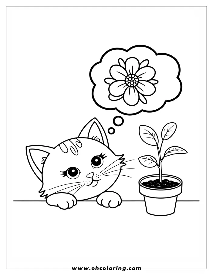 Outline drawing of a cat gazing at a small potted plant while dreaming of a large flower.