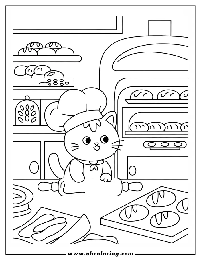 A cat baker with a chef's hat rolling dough.  There are rolls cooling on racks and in an oven.