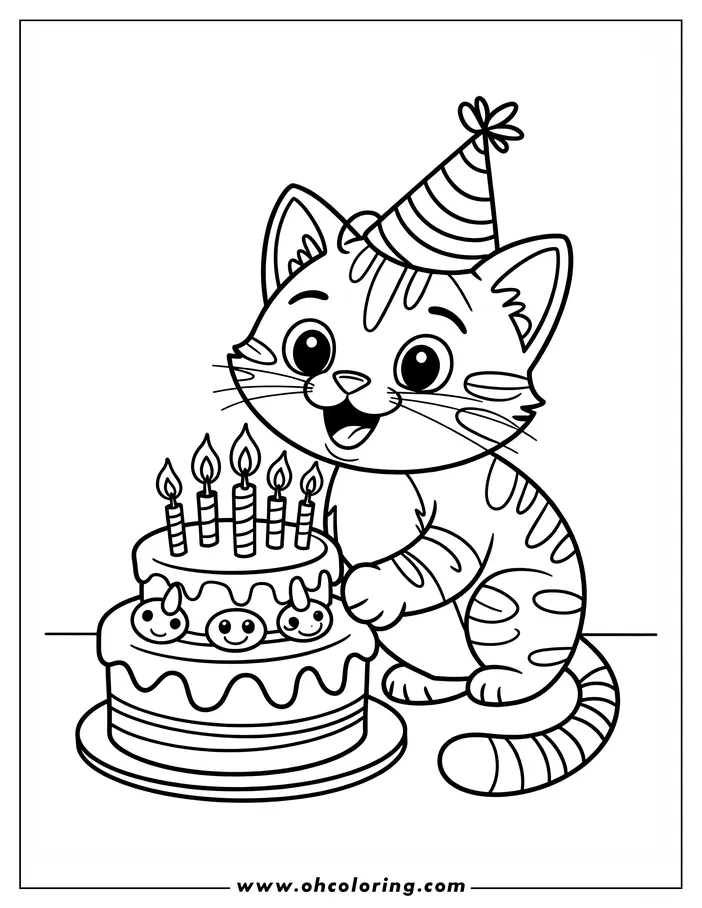 Outline of a kitten wearing a party hat, standing beside a two-tiered birthday cake with lit candles and smiling decorations.