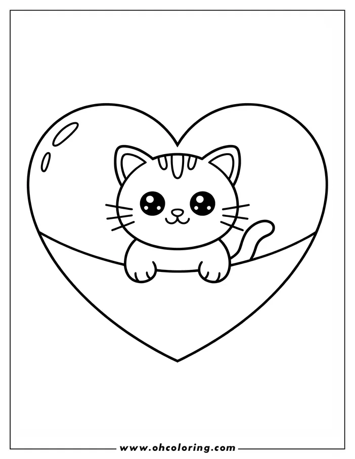 A cute cat with stripes and large eyes sitting inside a big heart, presented as line art for coloring.