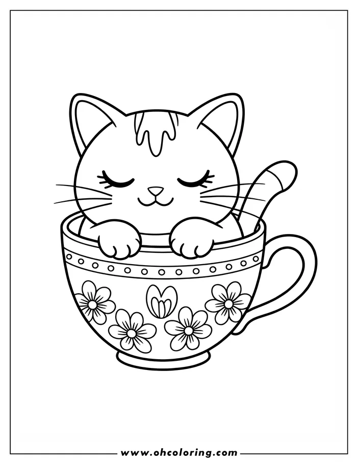 A cute cat relaxes inside a decorated teacup, ready to be colored.