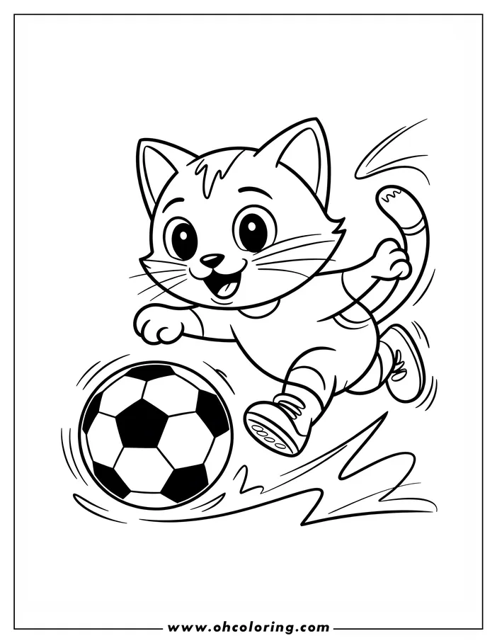 A cat in a soccer uniform kicking a soccer ball. The illustration captures the movement and energy of the scene.