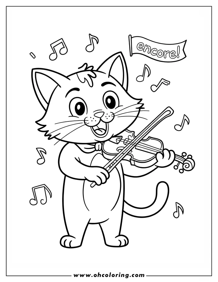 A cat enthusiastically playing the violin, surrounded by musical notes and an "Encore!" banner, ready to be colored.
