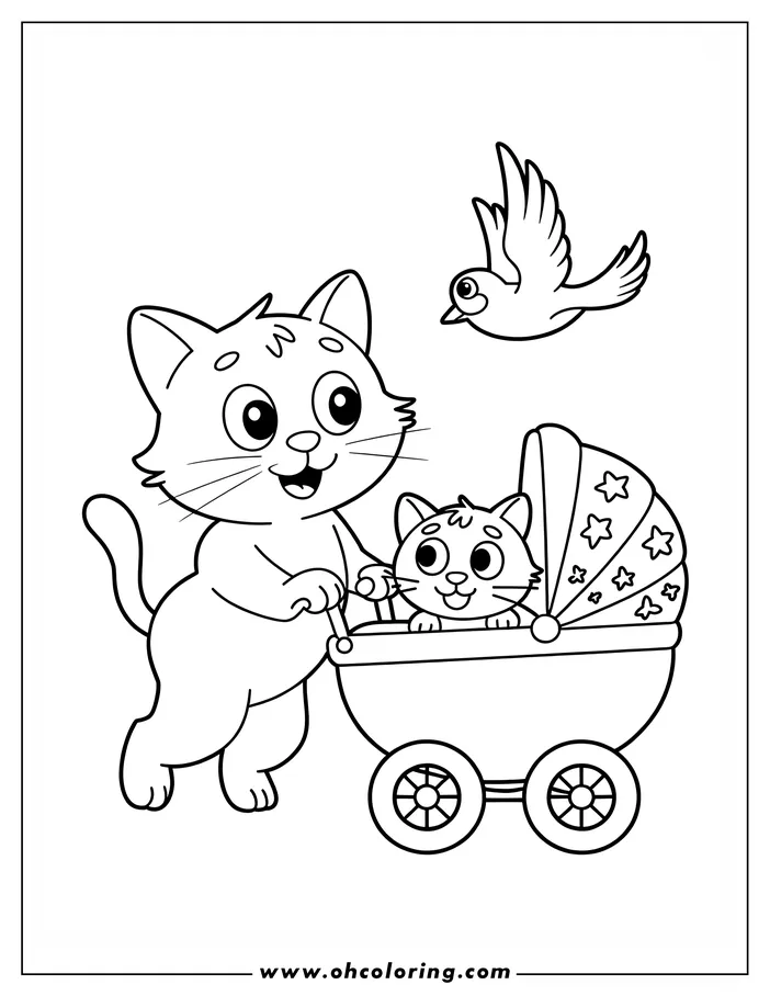 Outline drawing of a cat pushing a kitten in a star-decorated stroller, with a bird flying overhead.