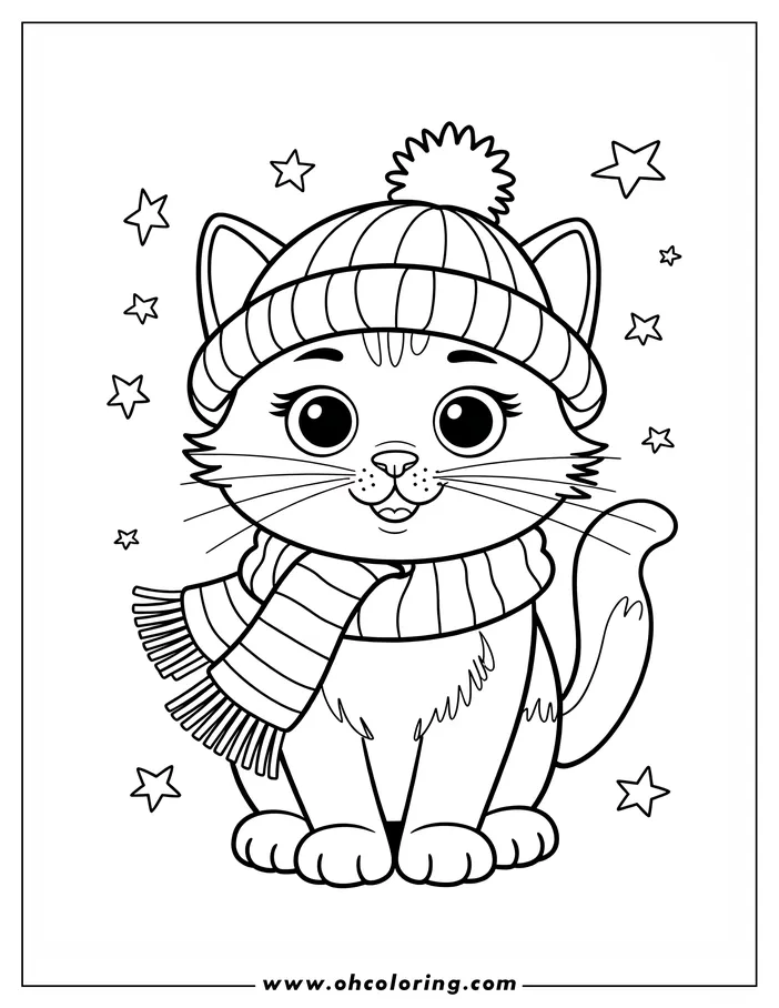Outline drawing of a cat wearing a winter hat and scarf, surrounded by stars.