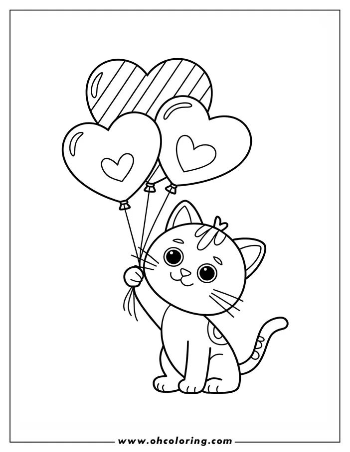 Outline of a cat sitting and holding three heart balloons. The cat is looking forward with large eyes and a smile.