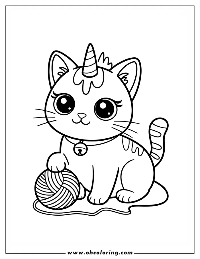 A cat with a unicorn horn plays with a ball of yarn. It wears a collar with a bell.
