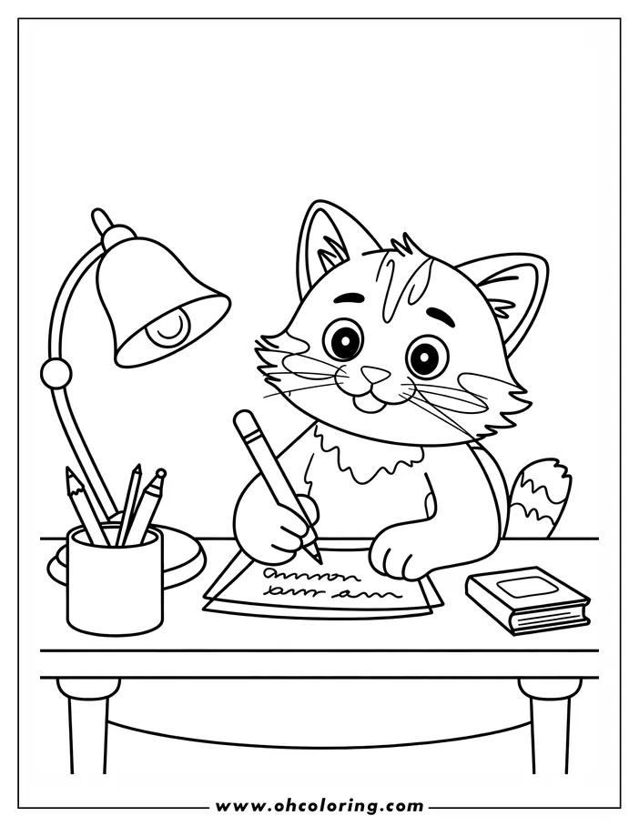 Outline of a cat sitting at a desk, writing on paper with a pen. There is a lamp, pencils, and a book on the desk.