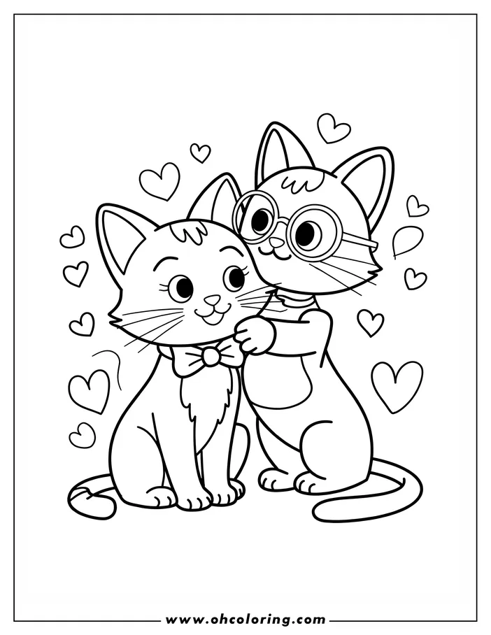 Two cats hugging, surrounded by hearts. One cat wears a bow tie and the other has glasses.