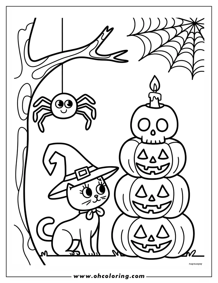 Outline drawing of a cat in a witch hat beside three carved pumpkins, with a spider and web in the background.