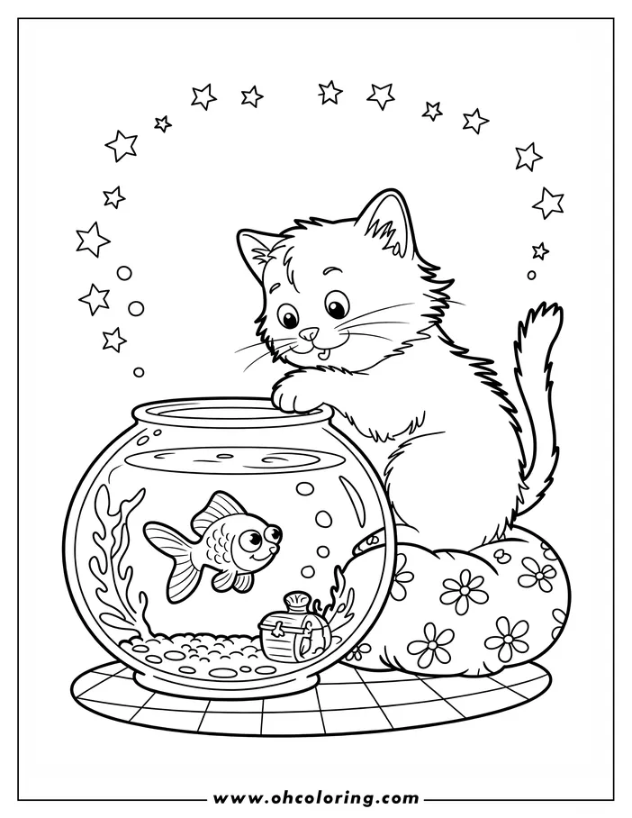 A kitten looking at a goldfish in a fishbowl, with a treasure chest at the bottom.
