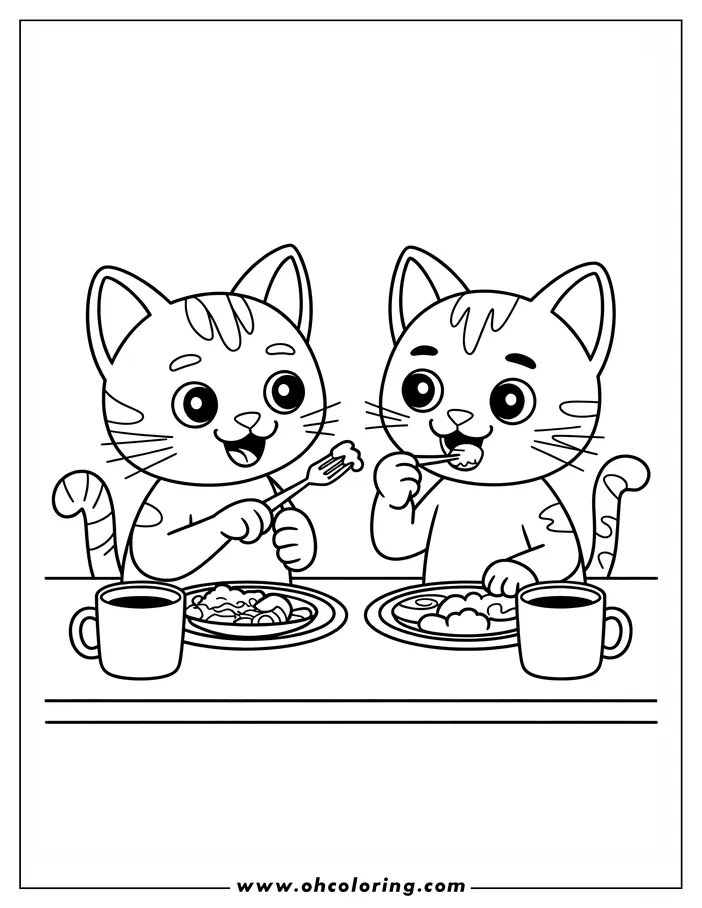 Two kittens sit at a table eating breakfast from plates, with mugs beside them. One kitten holds a fork.