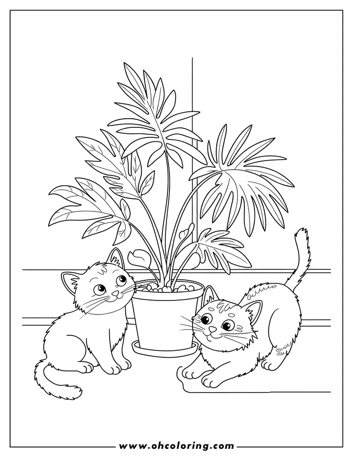 Two kittens playing near a potted plant, line art for coloring.