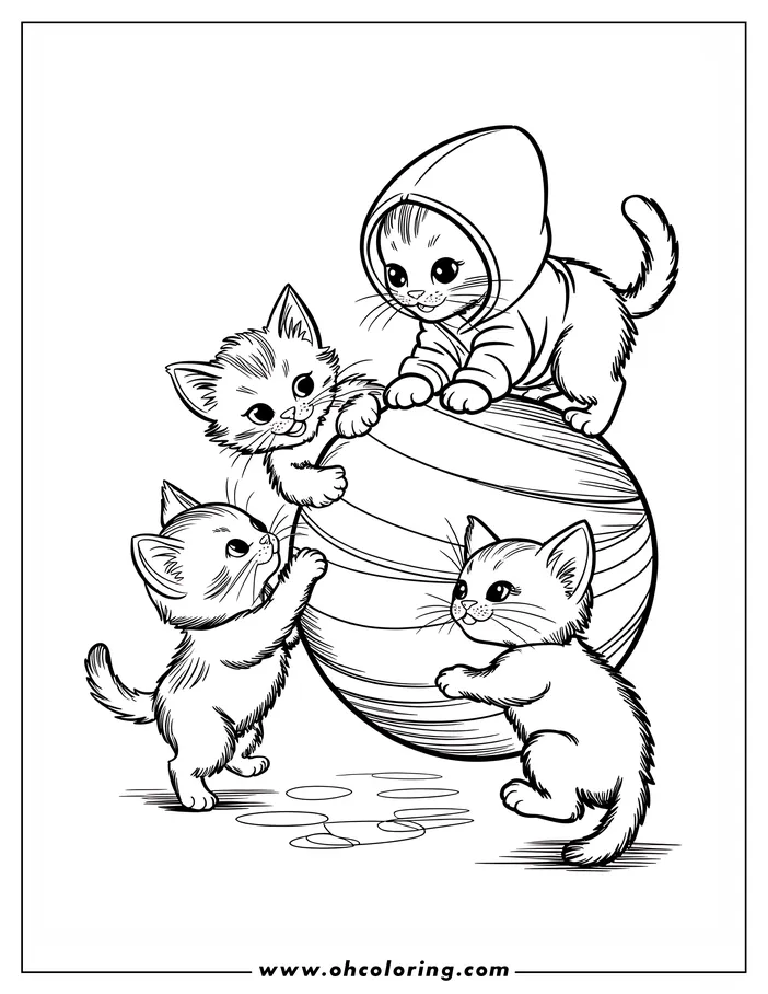 Four kittens play with a large ball. One kitten wears a hooded top. This line art is a coloring page.