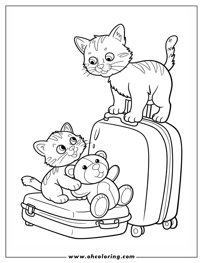 Two kittens preparing for a journey. One kitten sits on a suitcase holding a teddy bear while the other stands on a larger suitcase.