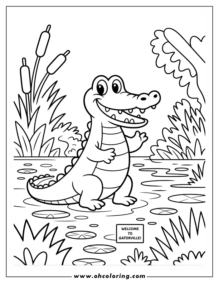 Cartoon alligator standing in a swampy area called Gatorville. It has large, friendly eyes and appears to be waving. Various swamp plants, including cattails and lily pads, surround the alligator.