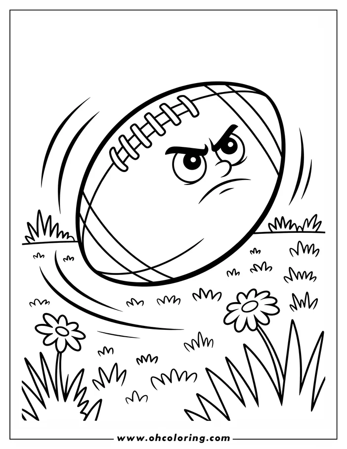 Line art of a tumbling football with an angry face in a field of flowers and grass.