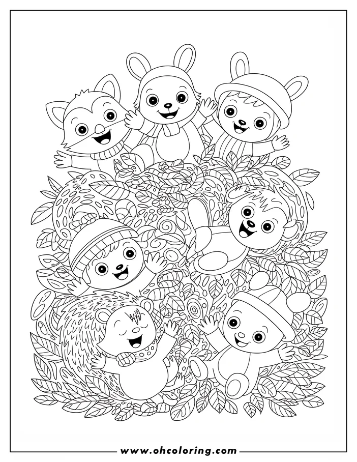 Line art of a group of happy animals, including rabbits, a raccoon, a bear, and a hedgehog, celebrating Thanksgiving.