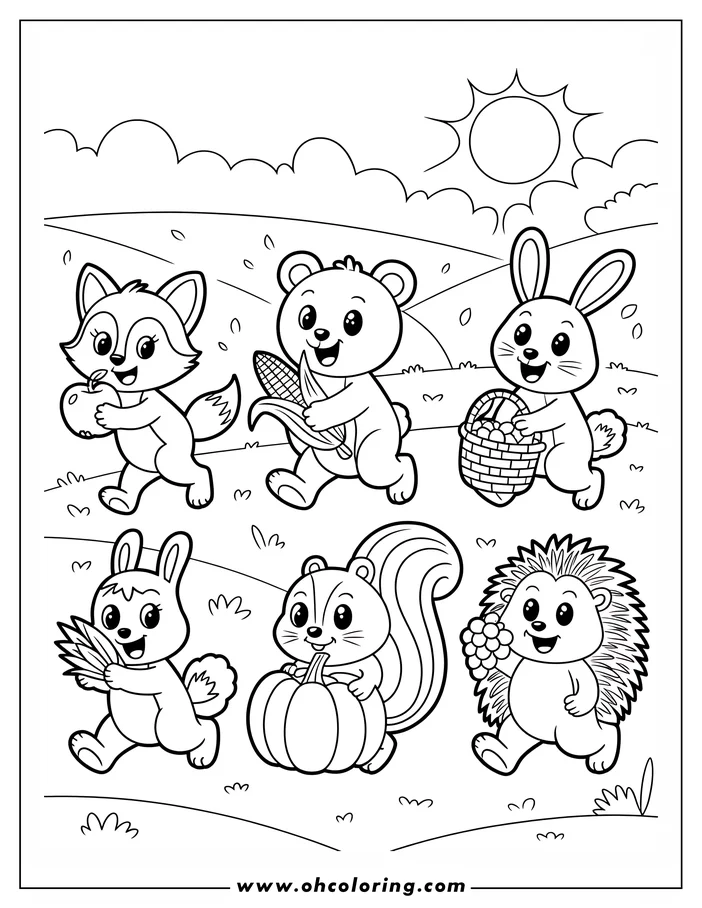 Line art of six woodland animals carrying apples, pumpkins, a basket, corn, carrots and grapes, associated with Thanksgiving. The sun shines in the background.