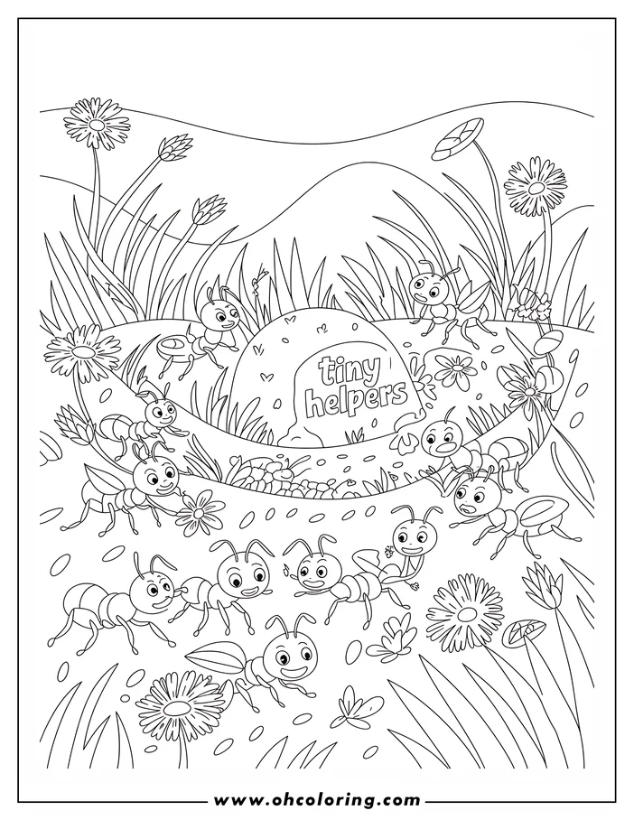 A cheerful spring-themed coloring page design featuring many cartoon ants busily exploring around their anthill in a meadow filled with flowers and grass.