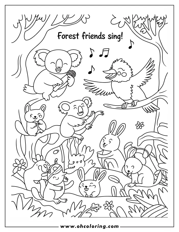 Outline of Australian forest animals singing together. Two koalas, one holding a microphone, a kookaburra on a branch, two rabbits, and several quokkas create a cheerful scene.