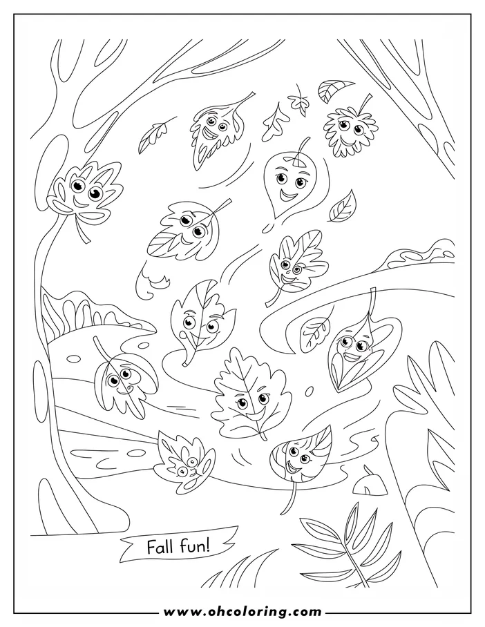 Line art of various autumn leaves falling from trees, each with a happy face.
