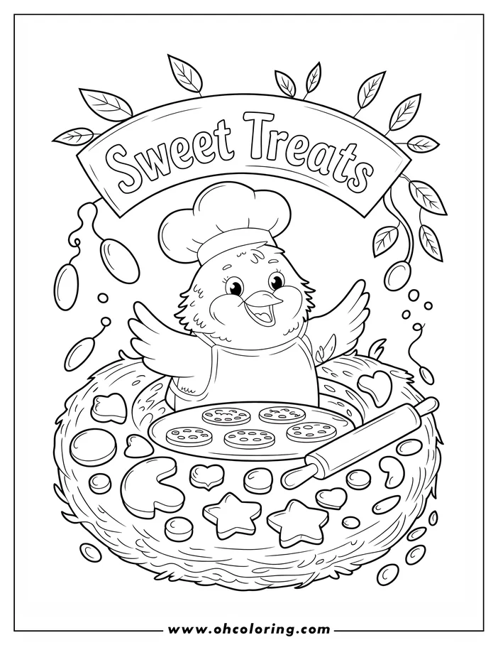Line art of a happy baby bird wearing a chef hat, presenting a tray of cookies in a nest. A rolling pin and other cookie shapes surround the bird.