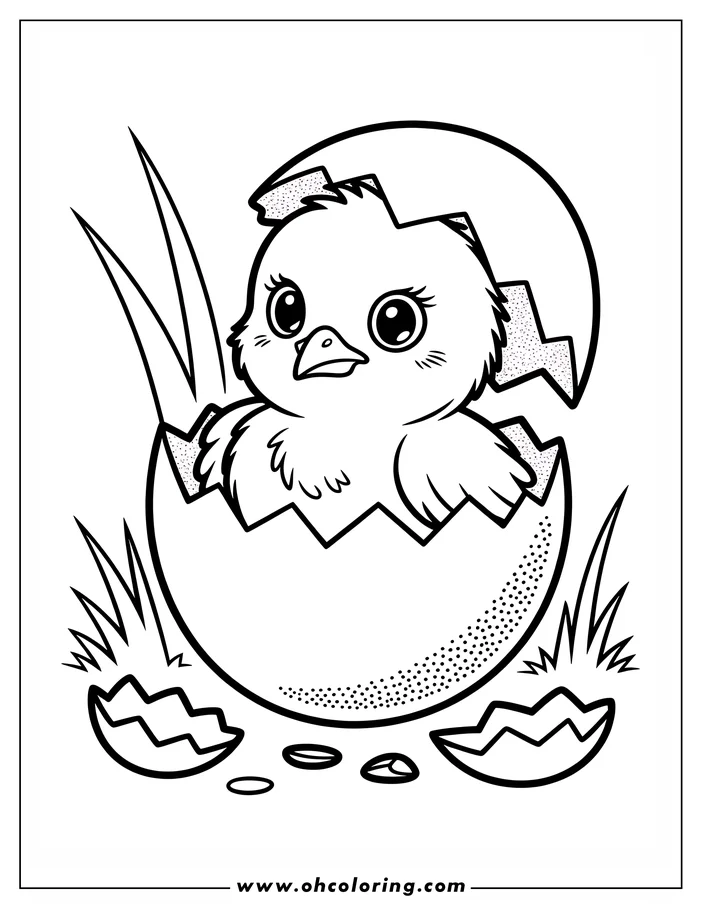 Line art of an Easter chick hatching from an egg, surrounded by bits of broken eggshell and blades of grass, designed as a coloring sheet.