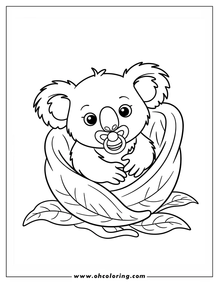 Outline of a baby koala sitting in a nest of leaves with a pacifier