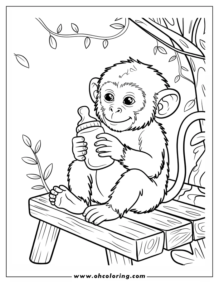 Outline of a baby monkey sitting on a bench and holding a bottle, surrounded by leaves and branches.