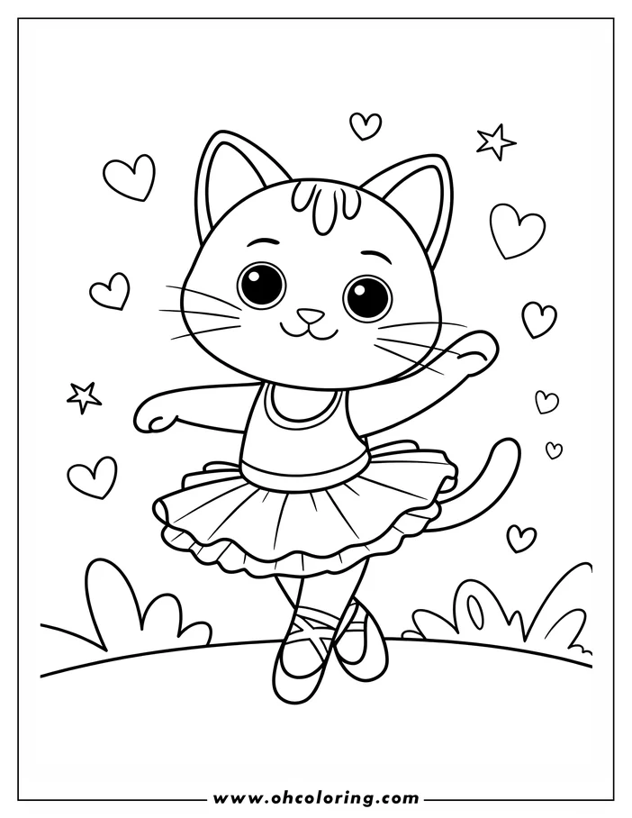 Outline drawing of a cat dressed as a ballerina, wearing a tutu and ballet slippers, with hearts and stars in the background.
