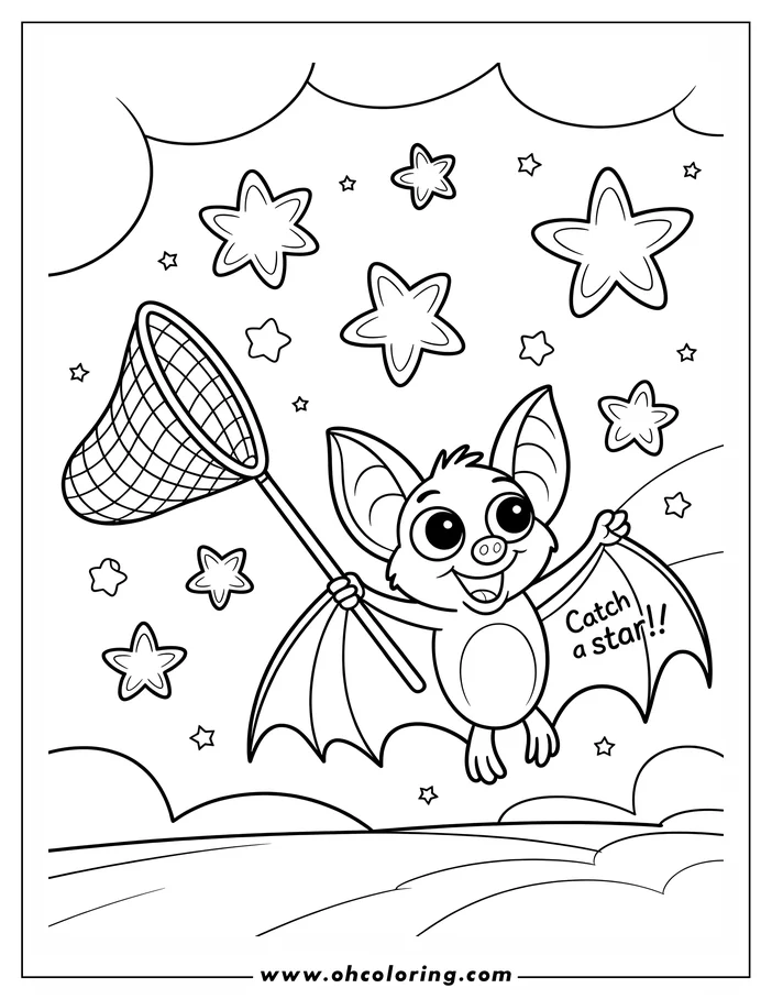 Line art of a cartoon bat flying in the night sky, holding a net and trying to catch a star. This simple drawing is designed as a coloring sheet.