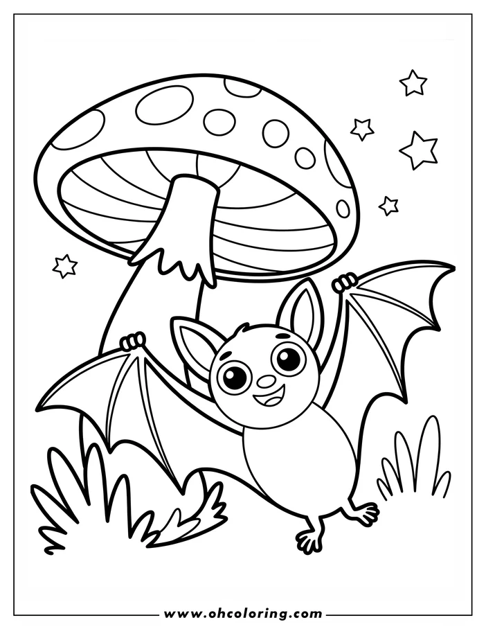 Line art of a cheerful cartoon bat with outstretched wings flying near a large spotted mushroom under a starry night sky, presented as a printable coloring design.