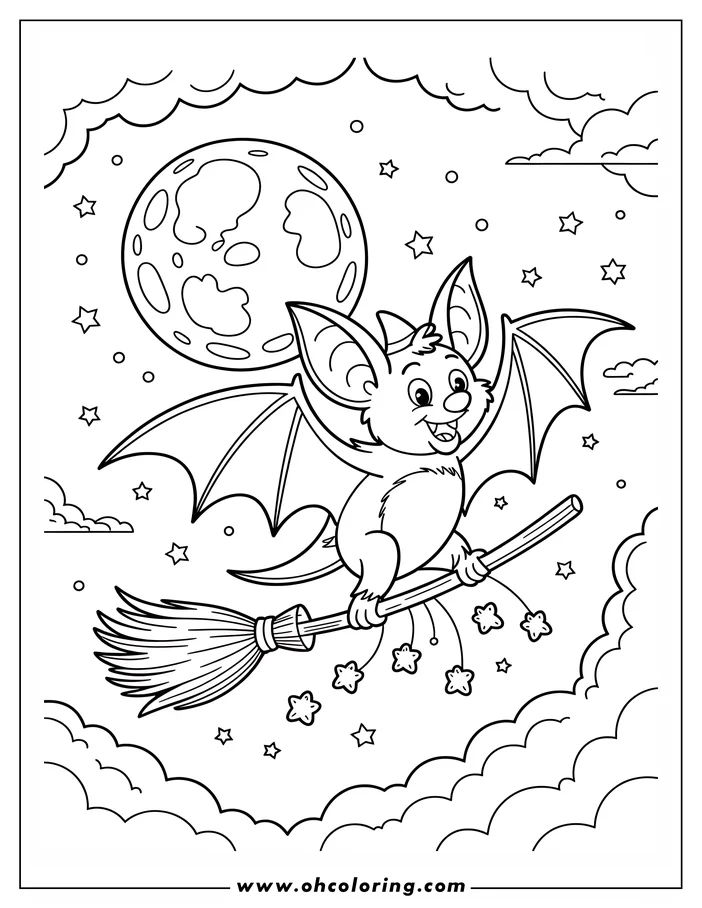A cheerful cartoon bat with outstretched wings flies on a broomstick against a backdrop of the moon, stars, and clouds, trailing sparkling stars, presented as a line art illustration for coloring.