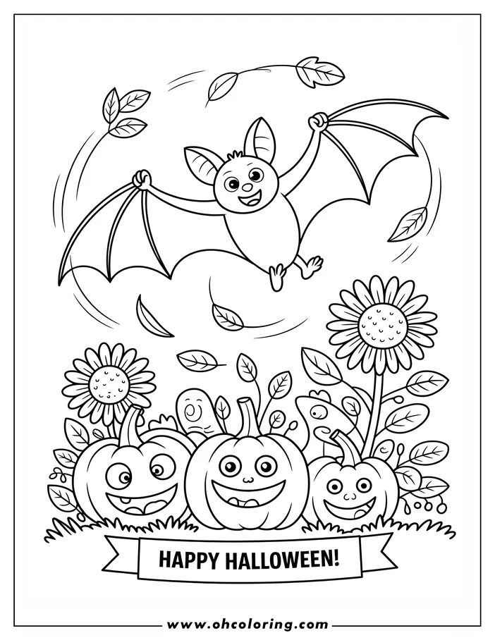 Halloween-themed coloring page: A cartoon bat flies above a patch of smiling pumpkins and sunflowers. Falling leaves swirl around the bat, adding to the autumnal scene. The words 'Happy Halloween' are written on a banner at the bottom. This simple line art is perfect for kids to color.