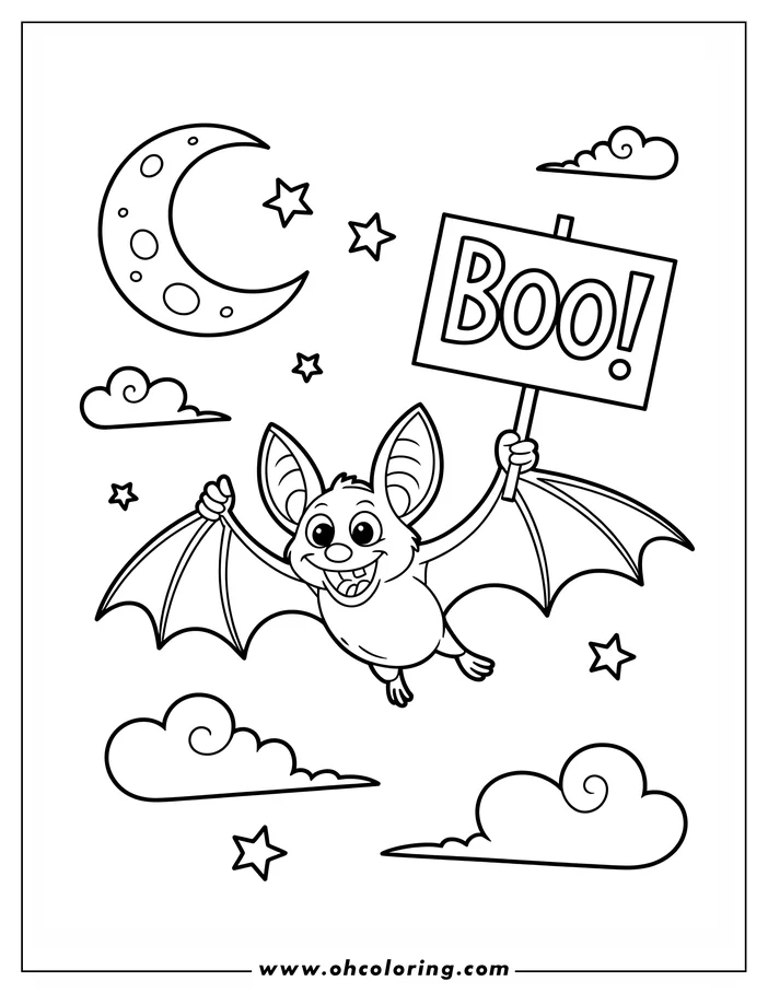 Line art of a bat holding a sign that says "Boo!", flying in a night sky with stars, a crescent moon, and clouds. A simple and cute Halloween-themed coloring page design.