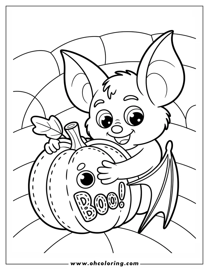 Line art of a friendly cartoon bat hugging a pumpkin that says "Boo!", set against a spiderweb backdrop, designed as a coloring sheet for Halloween.