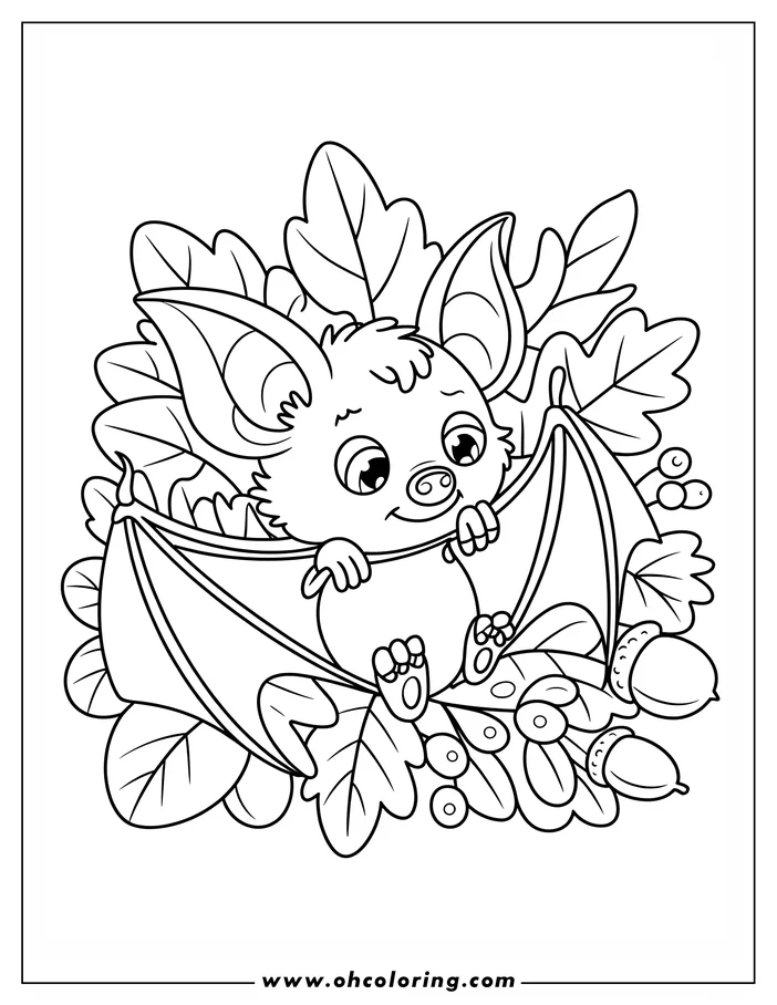 Line art of a cute cartoon bat hanging upside down, wrapped in its wings.  It's surrounded by autumn leaves, acorns, and berries, creating a cozy fall scene. This is a design for a coloring sheet.