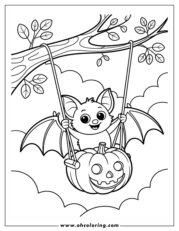 Line art of a cheerful cartoon bat swinging on a carved pumpkin. The bat holds the ropes with a happy expression. Its wings are outstretched, and it sits within a pumpkin carved with a smiling face. The swing hangs from a leafy tree branch, surrounded by fluffy clouds, creating a fun and playful Halloween coloring sheet design.