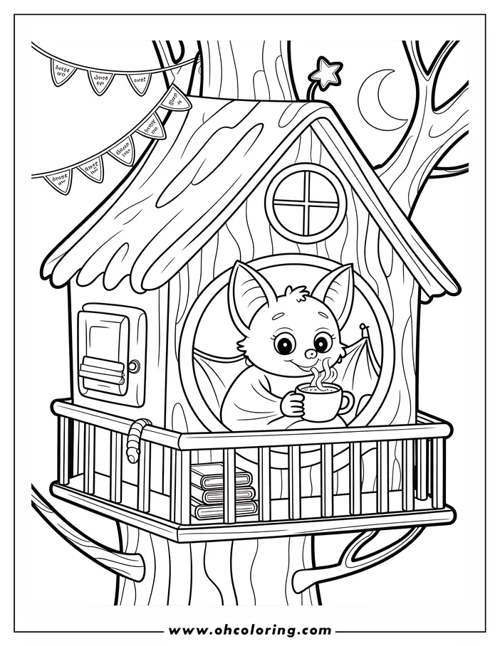 Line art of a bat sitting in a treehouse at night, wrapped in a blanket and holding a warm drink. The treehouse has a door, window, and railing, and there are books and other items inside. A caterpillar hangs near the door, and pennants are strung between the branches. This is a coloring sheet design.