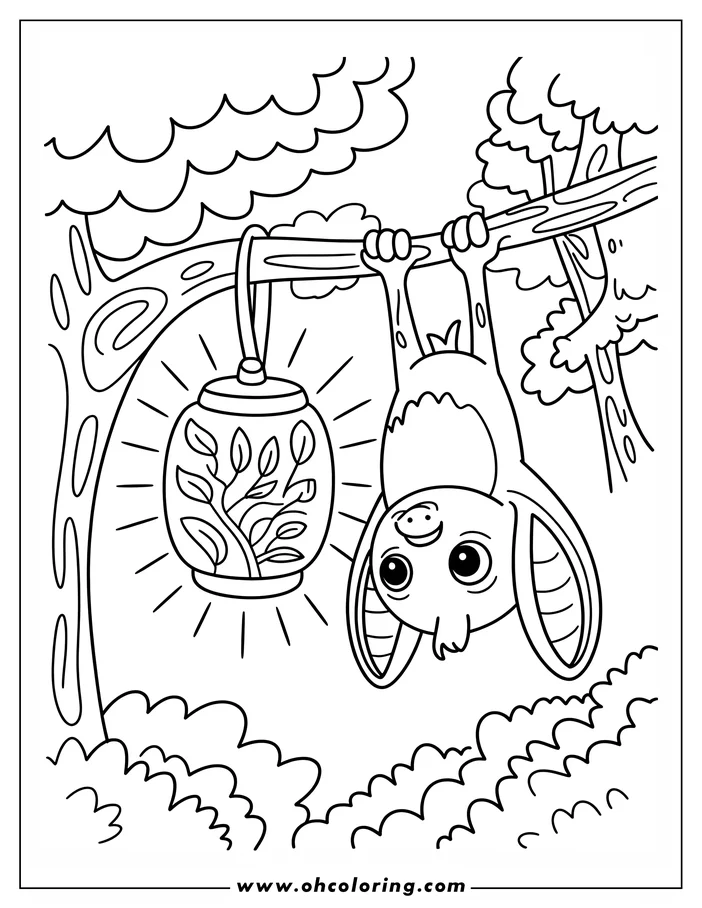 Whimsical line art of a bat hanging upside down from a tree branch, holding a glowing lantern with a plant inside. This coloring sheet design features a cute, cartoon-style bat in a forest setting.