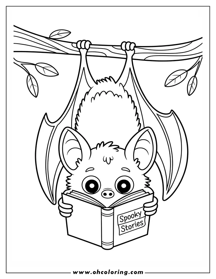 Line art of a bat hanging upside down from a tree branch, reading a book of spooky stories.