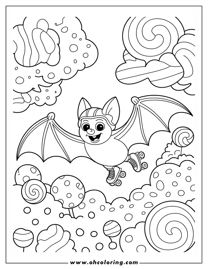 Line art illustration of a bat roller skating through a candy land, wearing a helmet, with various candies and lollipop trees in the background. This is a coloring page ready for printing and coloring.