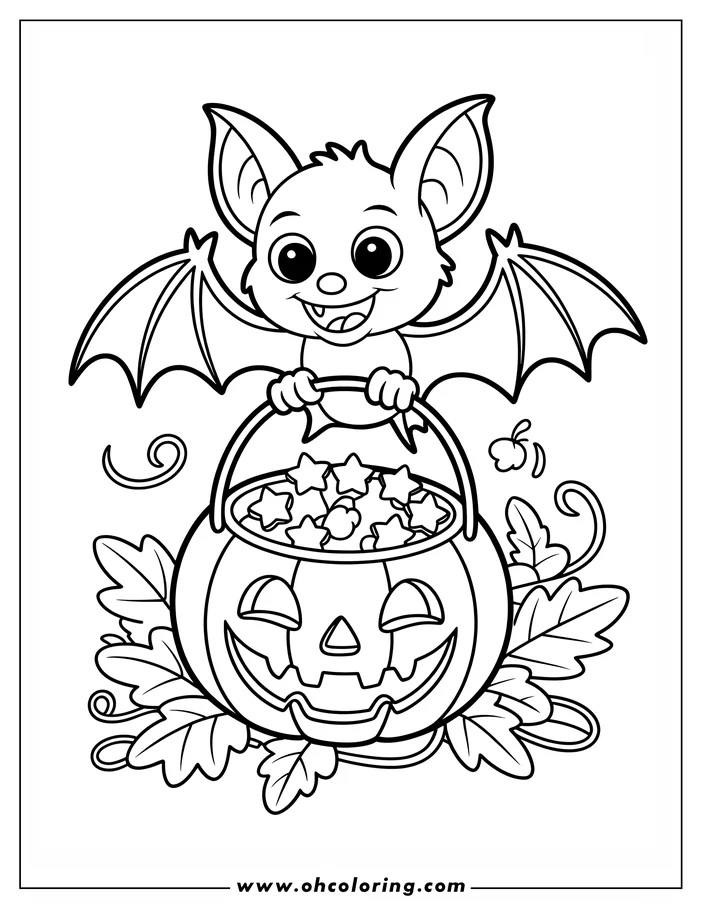 Line art of a friendly cartoon bat holding a pumpkin basket filled with star-shaped candies.  The bat has large eyes, spread wings and simple features, designed for coloring. The pumpkin basket rests among autumn leaves.