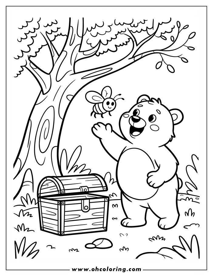 Line art of a friendly cartoon bear looking at a bee near an open treasure chest under a tree. Small details like grass tufts and rocks are also visible.