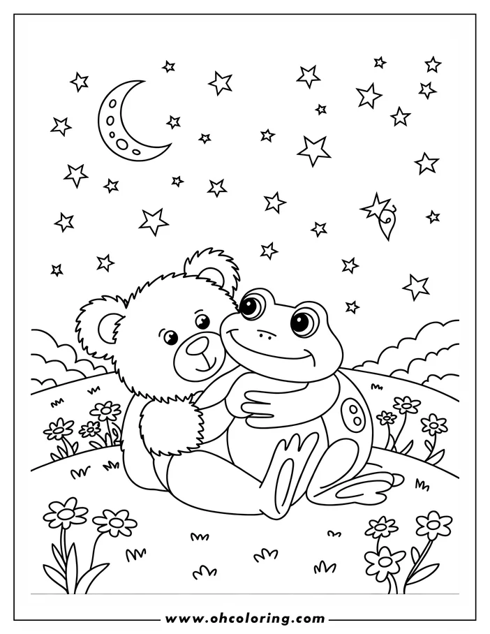 Outline of a bear and frog hugging under a night sky with stars and a crescent moon. Flowers grow around them.