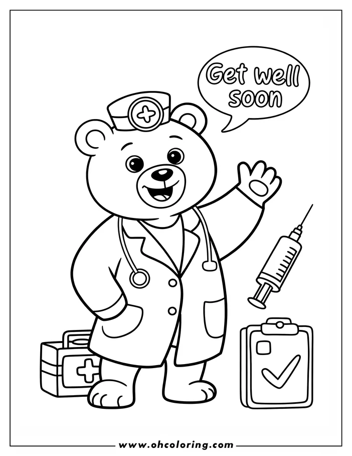 Line art of a friendly bear dressed as a doctor, waving and with medical tools beside him. Features a 'Get well soon' message.