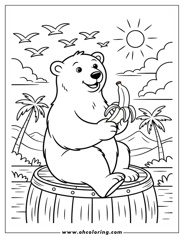 Outline of a smiling bear sitting on a barrel, peeling and eating a banana in a tropical setting with palm trees and birds.