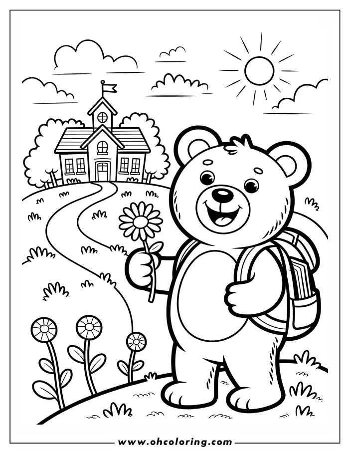 Line art of a friendly bear walking to school with a daisy and a backpack. A simple schoolhouse is visible in the background on a sunny day.